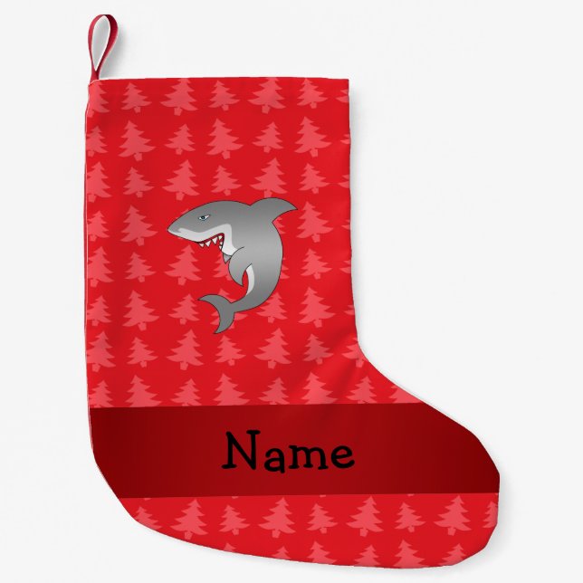 Personalized name shark red christmas trees small christmas stocking (Front)