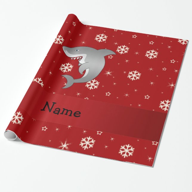 Personalized name shark red snowflakes wrapping paper (Unrolled)