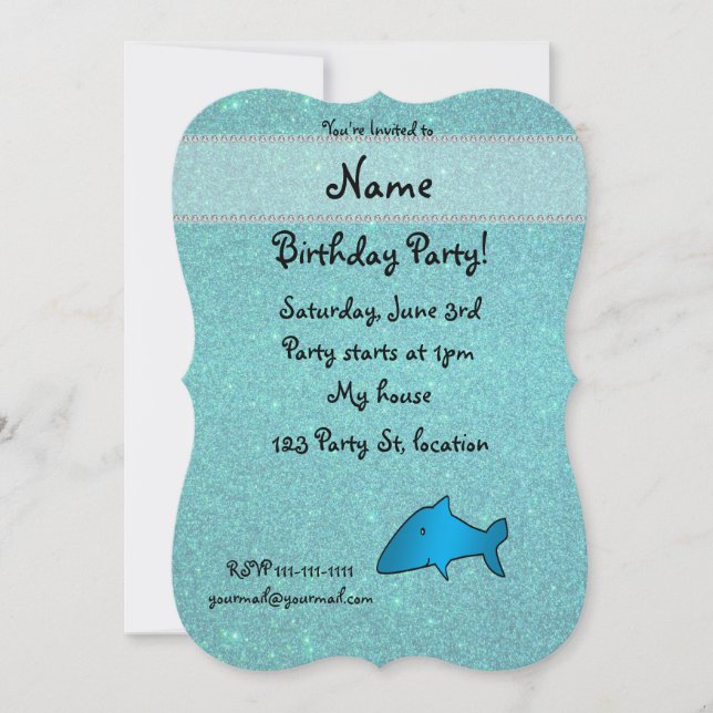 Personalized name shark turquoise glitter invitation (Front)