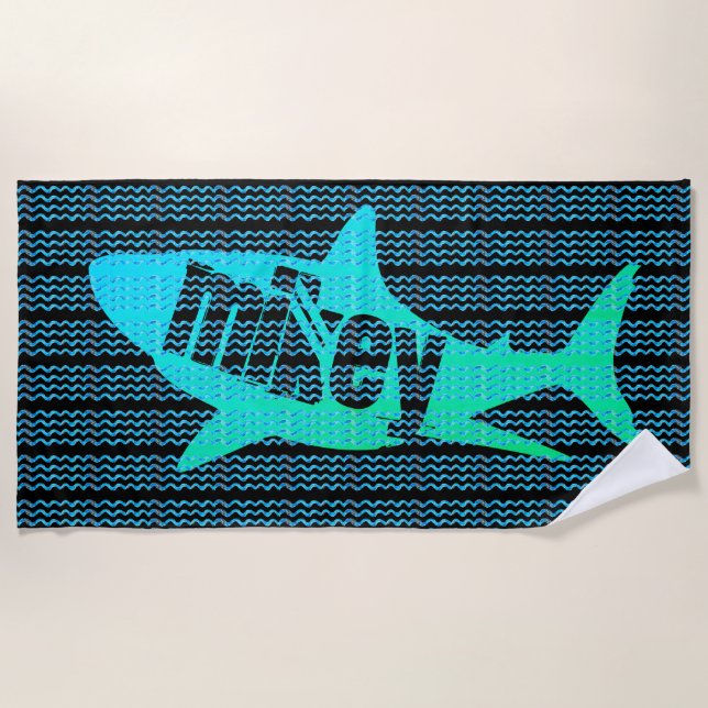Personalized Name Shark Waves Custom Colors Beach Towel (Front)
