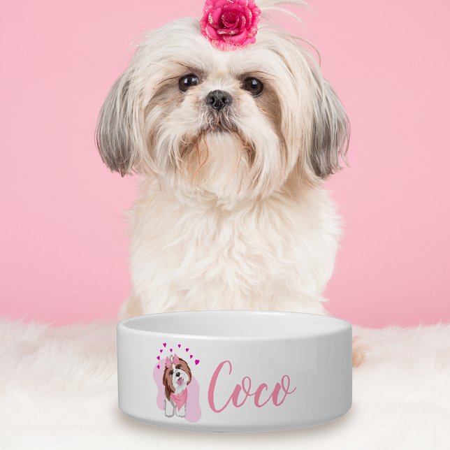 Personalized Name Shih-Tzu With Hearts Dog Bowl (Your dog will love the special treatment with a illustration to go with the name!)