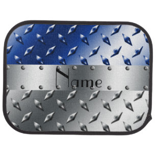 Personalized name silver blue diamond steel plate car mat