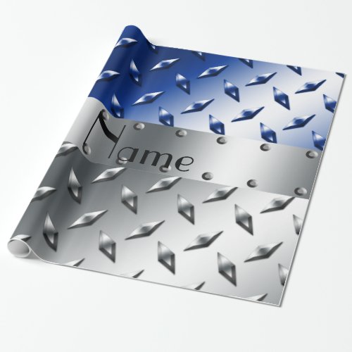Personalized name silver blue diamond steel plate wrapping paper