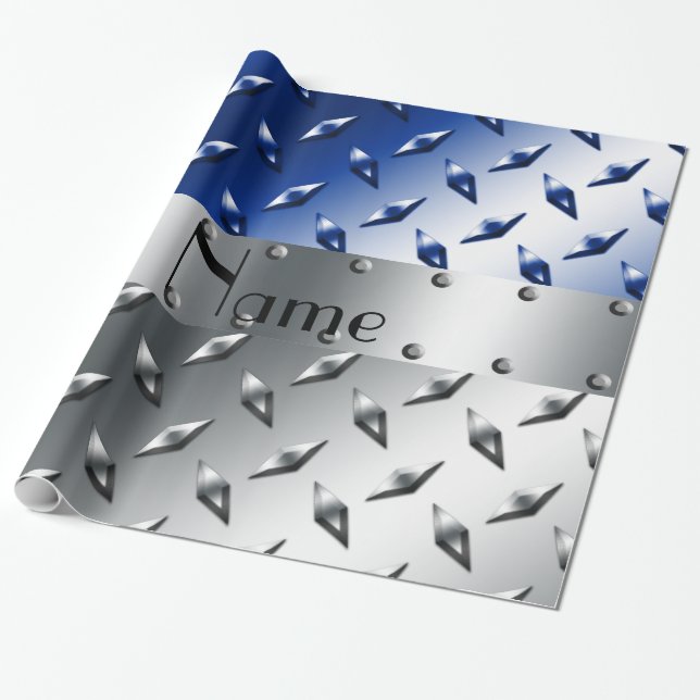 Personalized name silver blue diamond steel plate wrapping paper (Unrolled)