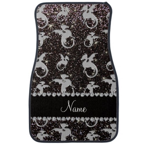 Personalized name silver dragons black glitter car floor mat