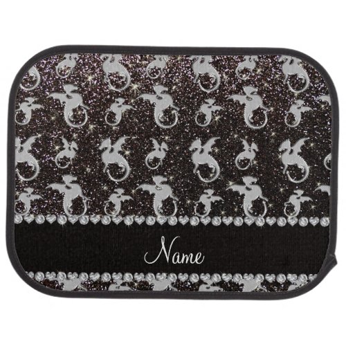 Personalized name silver dragons black glitter car mat