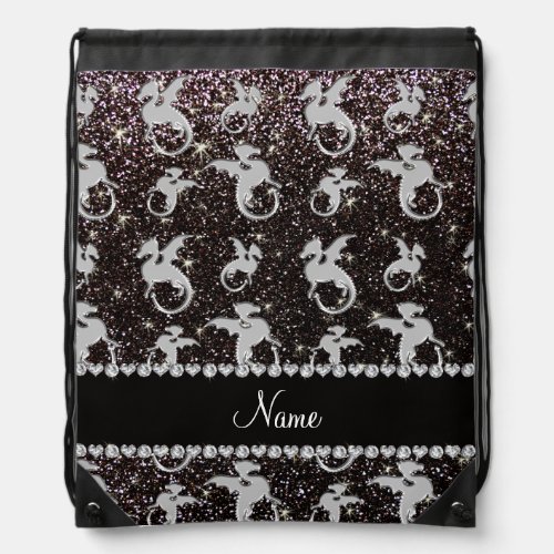 Personalized name silver dragons black glitter drawstring bag