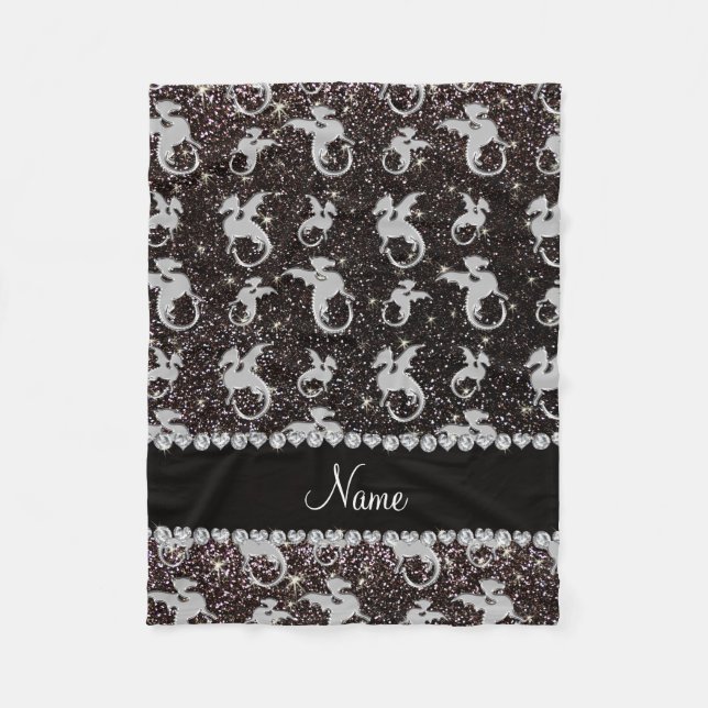 Personalized name silver dragons black glitter fleece blanket (Front)