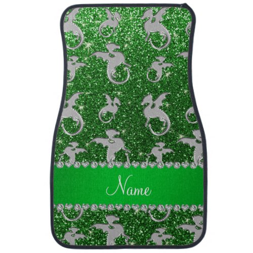 Personalized name silver dragons green glitter car mat