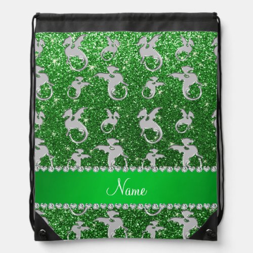 Personalized name silver dragons green glitter drawstring bag
