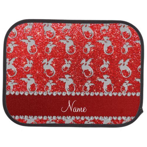 Personalized name silver dragons neon red glitter car floor mat