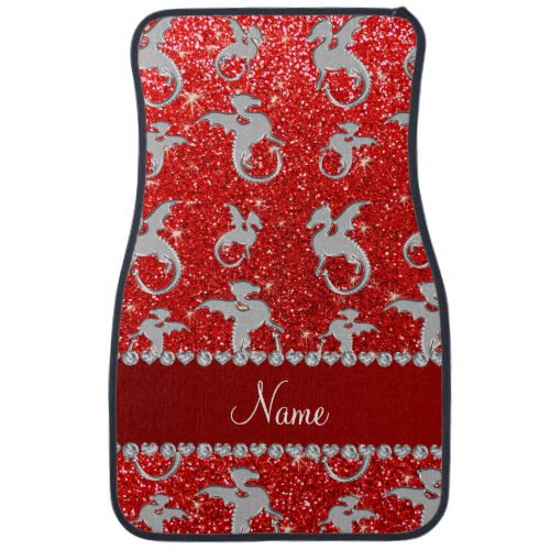 Personalized name silver dragons neon red glitter car mat