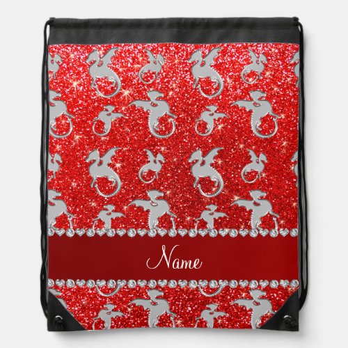 Personalized name silver dragons neon red glitter drawstring bag