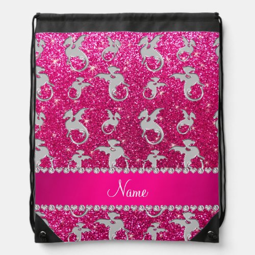 Personalized name silver dragons pink glitter drawstring bag