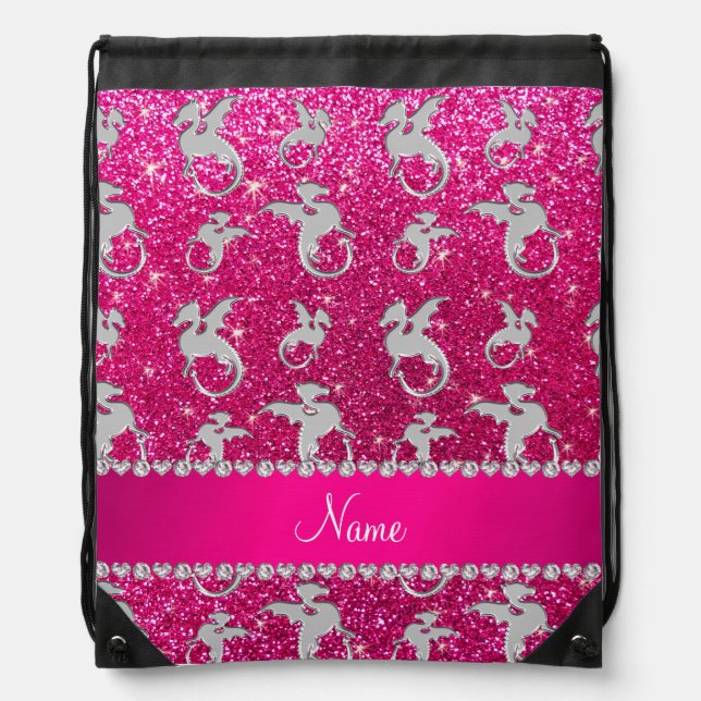 Personalized name silver dragons pink glitter drawstring bag (Front)