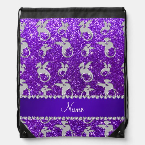 Personalized name silver dragons purple glitter drawstring bag