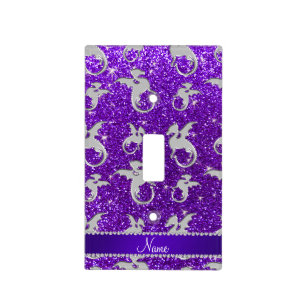 Personalized name silver dragons purple glitter light switch cover