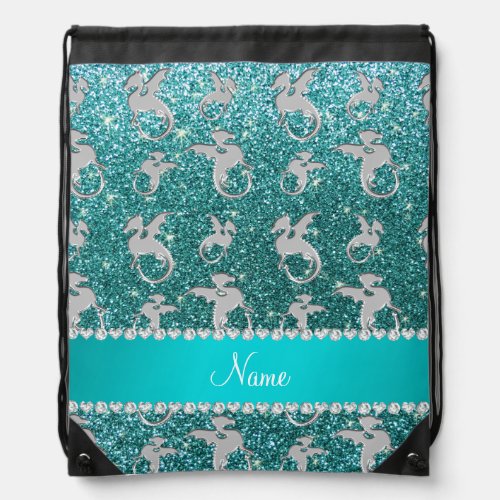 Personalized name silver dragons turquoise glitter drawstring bag