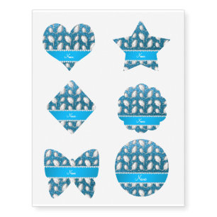 Personalized name silver feathers sky blue glitter temporary tattoos