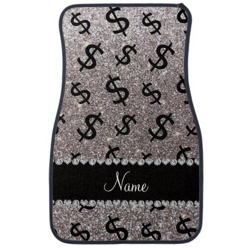 Personalized name silver glitter dollar signs car floor mat