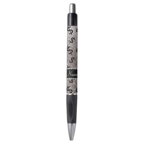 Personalized name silver glitter dollar signs pen
