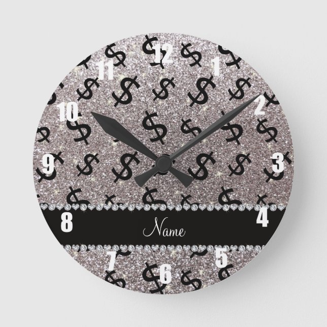 Personalized name silver glitter dollar signs round clock (Front)