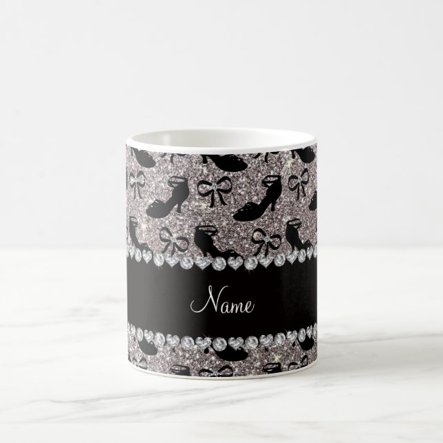 Personalized name silver glitter fancy shoes bows coffee mug (Center)