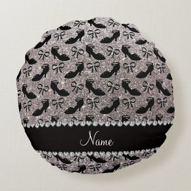 Personalized name silver glitter fancy shoes bows round pillow (Back)