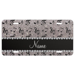 Personalized name silver glitter music notes license plate