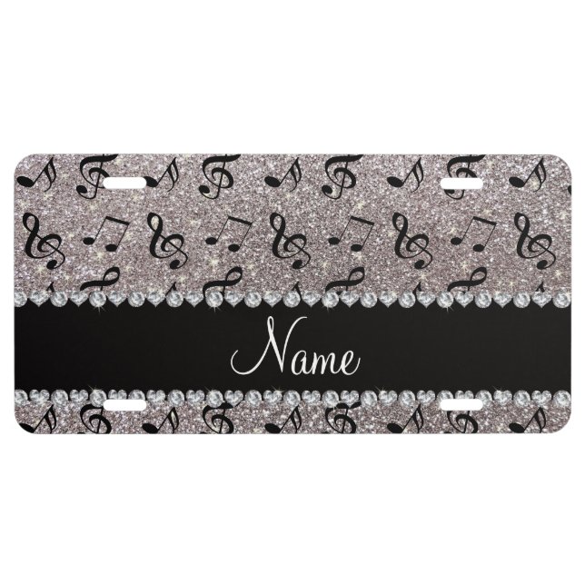 Personalized name silver glitter music notes license plate (Front)