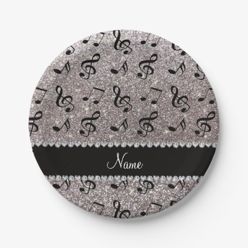 Personalized name silver glitter music notes paper plates