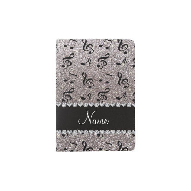 Personalized name silver glitter music notes passport holder (Front)