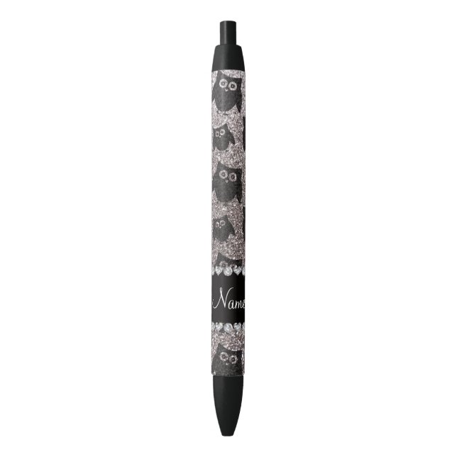 Personalized name silver glitter owls pen (Front Vertical)