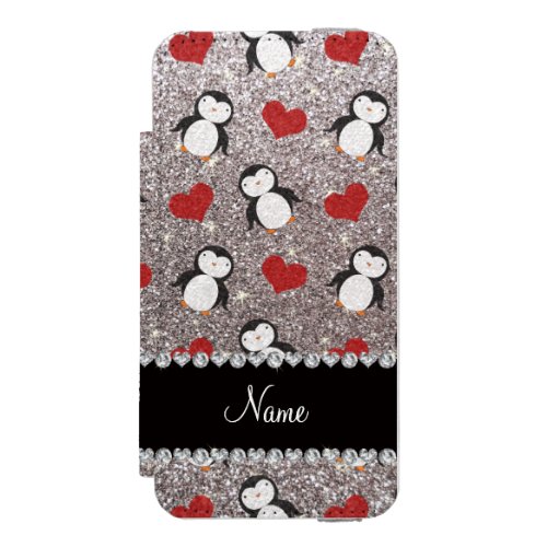 Personalized name silver glitter penguins hearts wallet case for iPhone SE55s