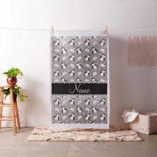 Personalized name silver glitter penguins igloos fabric