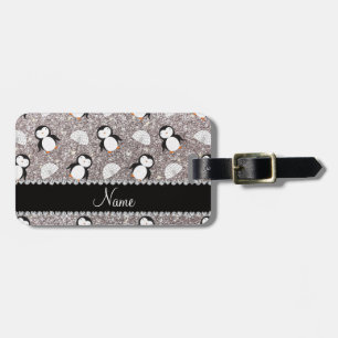 Personalized name silver glitter penguins igloos luggage tag