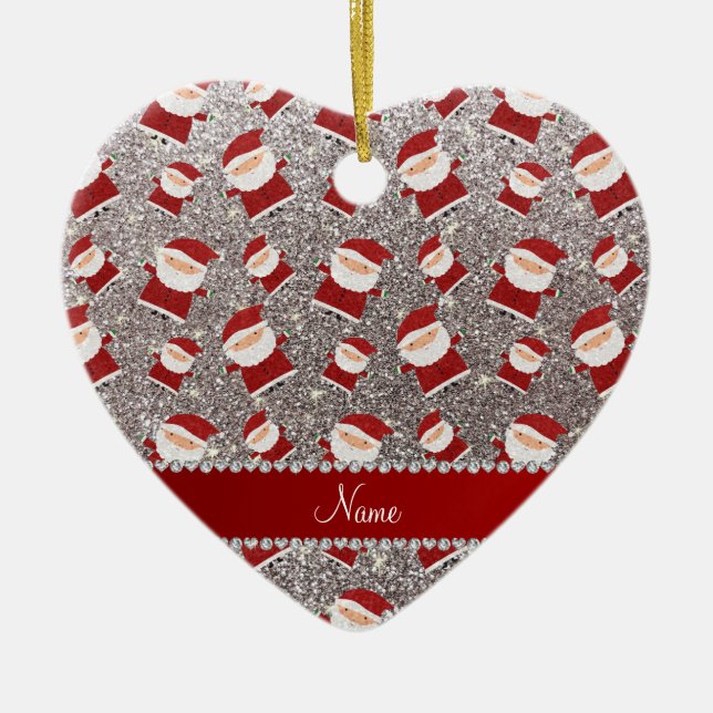 Personalized name silver glitter santas ceramic ornament (Front)