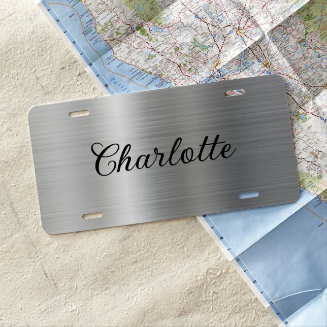 Personalized Name Silver Gray Metallic Script License Plate (In Situ)