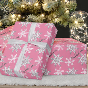 Personalized Name Silver Snowflake Pink Gift Wrapping Paper