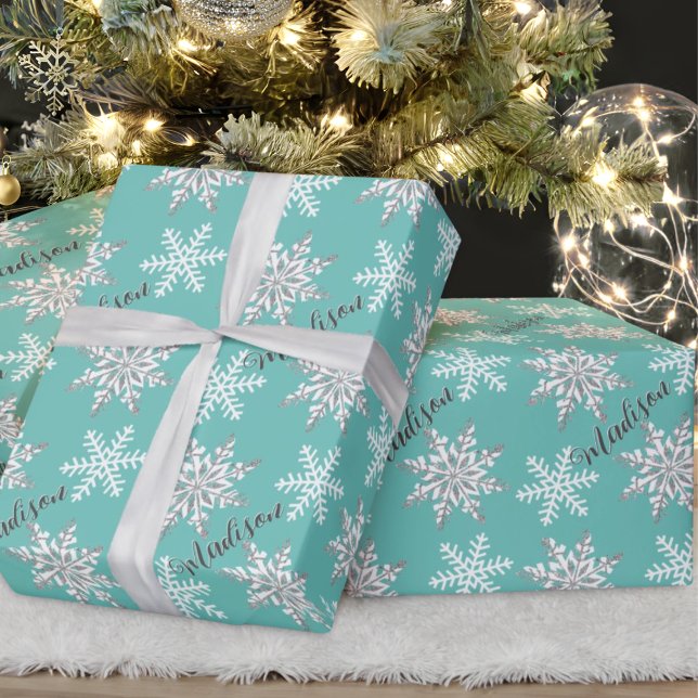 Personalized Name Silver Snowflake Teal Gift Wrapping Paper (Creator Uploaded)