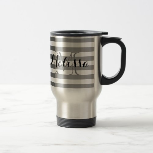 Personalized Name Silver Stripe Monogram Travel Mug