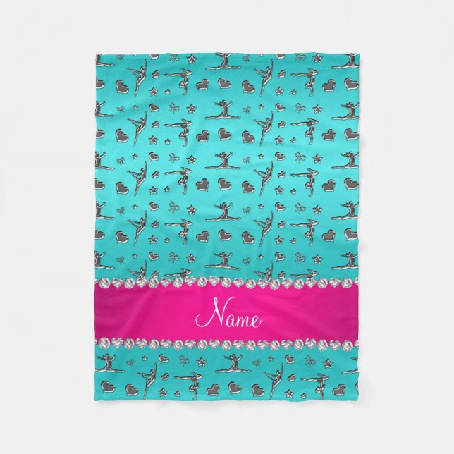 Personalized name silver turquoise gymnastics fleece blanket (Front)