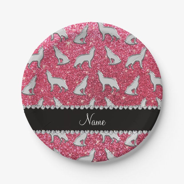 Personalized name silver wolf fuchsia pink glitter paper plates (Front)