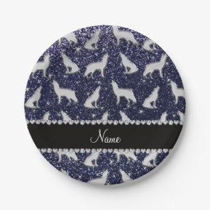Personalized name silver wolf navy blue glitter paper plates