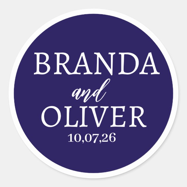 Personalized Name Simple Cute Dark Blue Wedding Classic Round Sticker (Front)