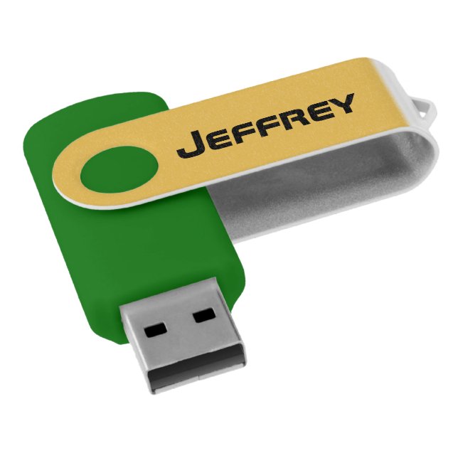 Personalized Name, Simple Green and Gold USB Flash Drive (Angled)