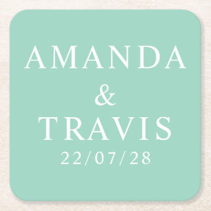 Personalized Name Simple Modern Minimal Wedding  Square Paper Coaster