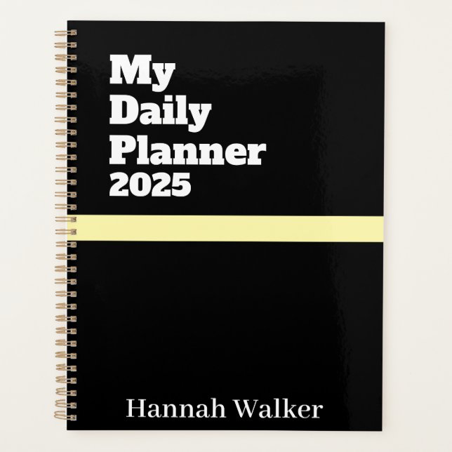 Personalized Name Simple Modern Stylish 2025 Black Planner (Front)