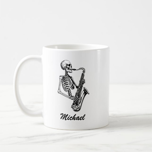 Personalized Name Skeleton Saxophone Music Lover Coffee Mug (Left)