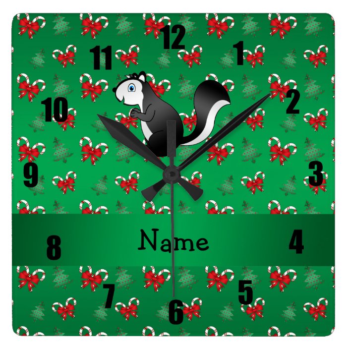 Personalized name skunk green candy canes bows square wall clock